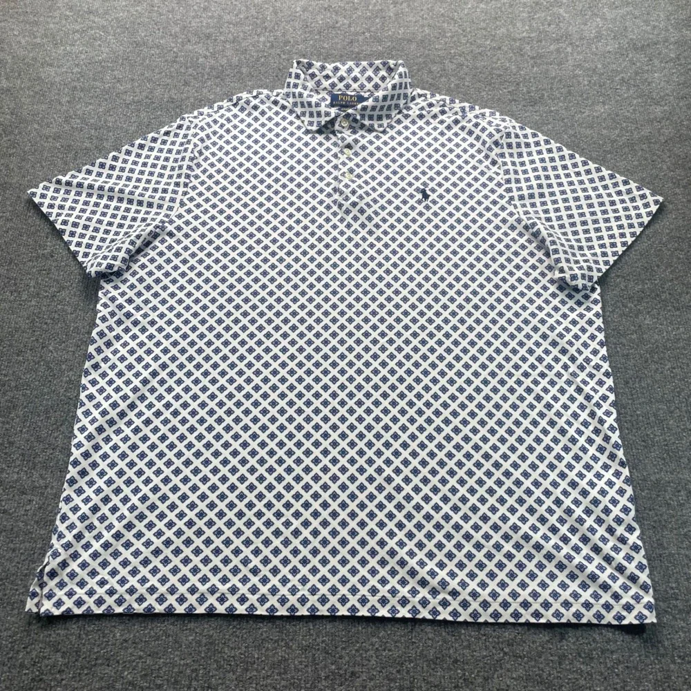 Polo Ralph Lauren Polo Men XL White Blue Geometric Medallion Classic Fit Cotton